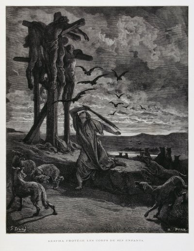 Rizpah empêche les bêtes sauvages de profaner les corps de ses fils morts, Illustration de la Bible de Doré - Gustave Dore
