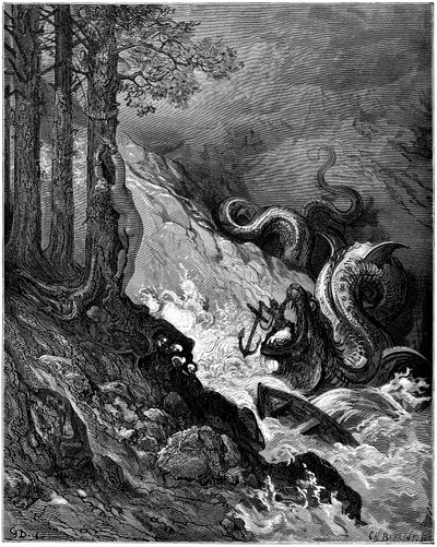 Ruggiero combat le monstre marin (dragon) qui menace Olimpia attachée nue à un arbre, bloque ses mâchoires avec une ancre et sauve Olimpia (chant 11 stance 37) - Gravure de Gustave Doré (1832-1883) illustrant « Roland furieux » (1878) de Ludovico Ariosto - Gustave Dore