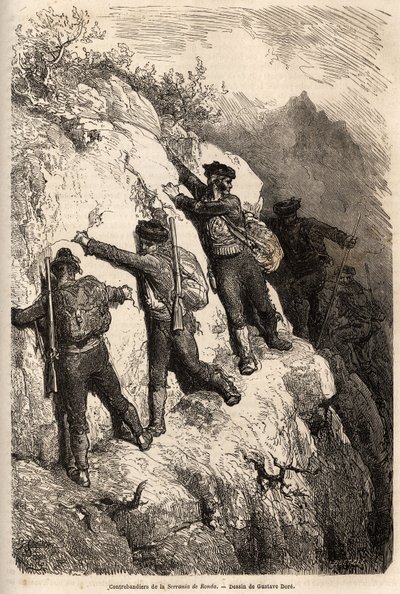 Contrebandiers de la Serrania de Ronda. Dessin de Gustave Doré (1832-1883), pour illustrer son voyage en Espagne en 1862, avec Ch. Davillier. Gravure dans « Le tour du monde », édité par Edouard Charton - Gustave Dore