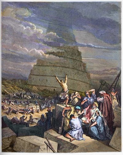 La tour de Babel (illustration de la Genèse et de la confusion des langues par Yahvé). À droite, le roi Nimrud (ou Nimrod, Nemrod) discute avec les architectes - gravure dans « La Bible illustrée » par Gustave Doré (1832-1883) - Gustave Dore