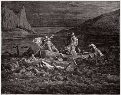 La Divine Comédie, Enfer, Chant 8 : Phlégias transporte Dante et Virgile à travers le Styx (Illustration de Gustave Doré) - Gustave Dore