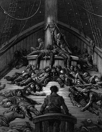 Le Marin contemple ses compagnons morts et se lamente sur la malédiction de sa survie alors que tous ses compagnons marins sont morts, scène tirée de "The Rime of the Ancient Mariner" de S.T. Coleridge, publié par Harper  Brothers, New York. - Gustave Dore