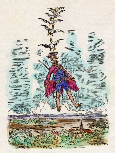 Les canards élèvent dans les airs le baron de Munchhausen (Munchausen). Illustration de Gustave Dore (1832-1883) pour "" Les merveilleuses aventures terrestres et maritimes du baron de Munchausen "" de Rudolf Erich Raspe (1737-1794). - Gustave Dore