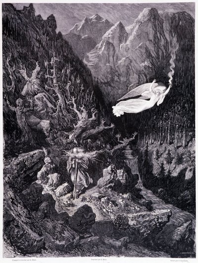 Le vieil homme tenant une bourse et son bâton marchant dans un paysage hostile est surmonté par un ange agitant une lance de feu, Planche VII - Illustration de Gustave Doré pour La légende du Juif errant de Pierre Dupont, édition Librairie du magasin pitto - Gustave Dore