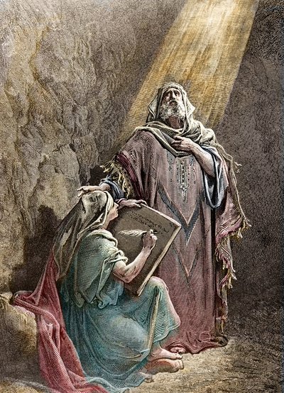 Le prophète Jérémie dictant ses prophéties à Baruch - Gravure colorisée par Pannemacker, de la Bible de Gustave Doré (1832-1883) - Jérémie (650-585 av. J.-C.), prophète hébreu. Jérémie dictant ses prophéties à Baruch. Gravure par Pannemaker, La Bible - Gustave Dore