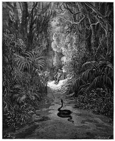 Le serpent se dirige vers Adam et Ève. Illustration de Gustave Doré pour « Le Paradis perdu » de John Milton (1608-1674). Gravure de 1866. Collection privée - Gustave Dore