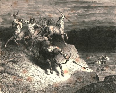 Nous nous approchâmes de ces bêtes rapides, quand Chiron prit une flèche, vers 1890 - Gustave Dore