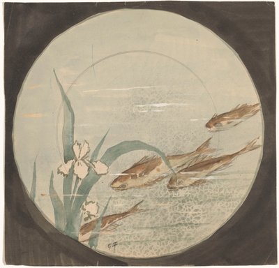 Projet pour une assiette avec quatre poissons bruns nageant vers le bas près d