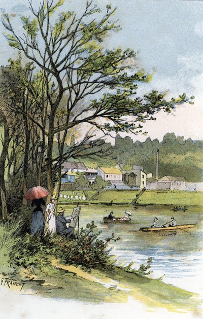 Promeneurs du dimanche sur la Seine à Bas-Meudon (Meudon-sur-Seine) Dessin de Gustave Fraipont (1849-1923) de Saint-Juirs - Gustave Fraipont