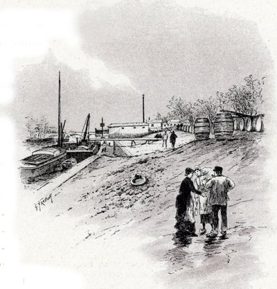 Vue des berges de la Seine et du quai Saint-Bernard, Paris. Dessin de Gustave Fraipont (1849-1923) d