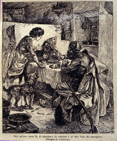sa première préoccupation était de les conduire à la cuisine et de les nourrir... Illustration de la nouvelle « Colomba » écrite par Prosper Mérimée. Gravure de Gustavino (Gustavo Rosso) (1881-1950), vers 1915 - Gustavo Gustavino Rosso
