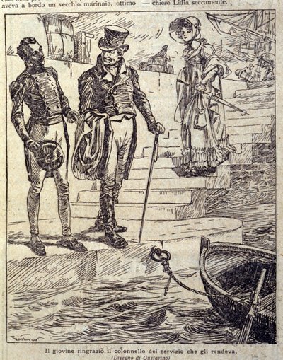 le jeune homme remercia le colonel pour son service... Illustration de la nouvelle « Colomba » écrite par Prosper Mérimée. Gravure de Gustavino (Gustavo Rosso) (1881-1950), vers 1915 - Gustavo Gustavino Rosso