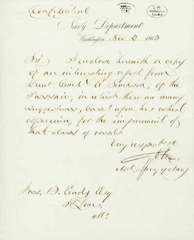 Lettre signée G.V. Fox, Département de la Marine, Washington, à Jas. B. Eads [James B. Eads], St. Louis, Mo., 2 novembre 1863 - Gustavus Vasa Fox