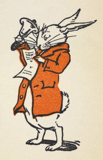 Illustration du Lapin Blanc en veste rouge sonnant une grande cloche et lisant - Gwynedd M. Hudson