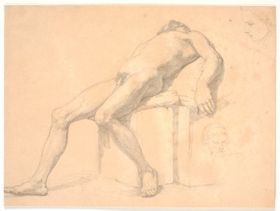 Étude de modèle masculin nu, allongé. À droite, deux têtes de portrait, l