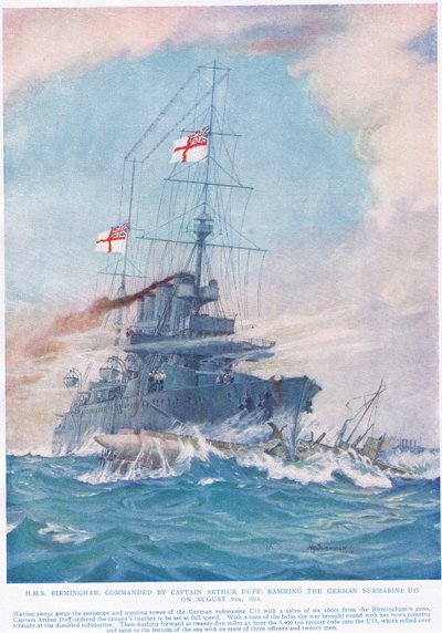 HMS Birmingham commandé par le Capitaine Arthur Duff, éperonnant le sous-marin allemand U15 le 9 août 1914, illustration de 