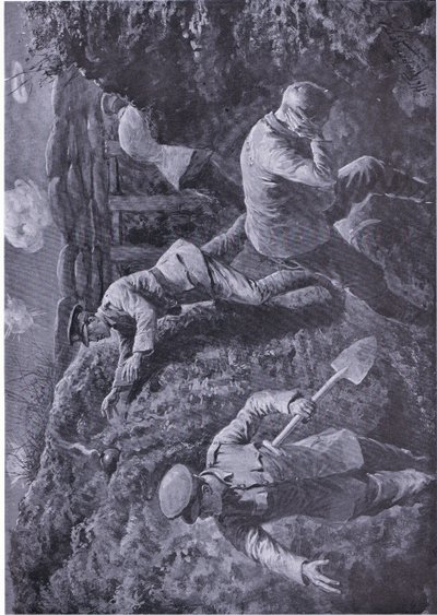 Le sous-lieutenant Rochfort ramasse une bombe qui allait exploser et la jette hors de la tranchée (décoré de la VC) (lithographie) - H. Ripperger