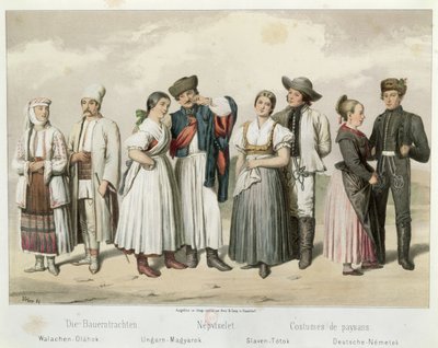 Costumes de paysans de (L à R) Roumanie, Hongrie, Slovaquie et Allemagne, de 