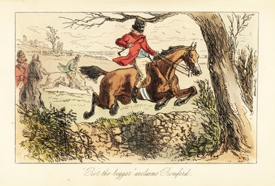 Chasseur anglais faisant un saut dangereux par-dessus un mur de pierre sous une branche basse - after Hablot Knight Browne