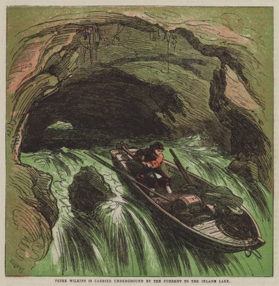 Peter Wilkins est emporté sous terre par le courant vers le lac intérieur - after Hablot Knight Browne