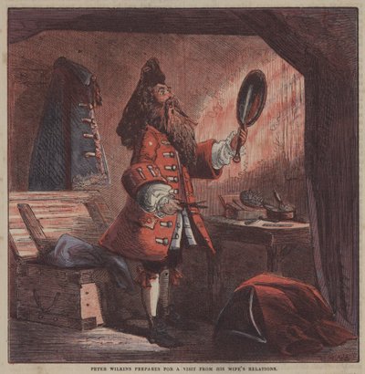 Peter Wilkins se prépare à une visite des parents de sa femme (lithographie en couleur) - after Hablot Knight Browne