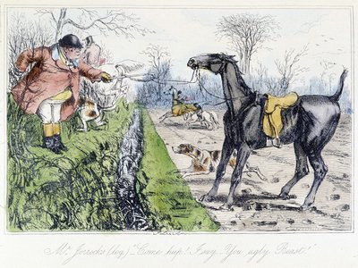 Scène de chasse à cheval. Caricature anglaise sur la chasse au renard dans "Les aventures de Thomas Scott ou Hawbuck Grange", illustration par H.K. Browne et W.T. Maud. - Hablot Knight Browne