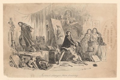 Dans son atelier, Henry Gowan retient son chien, qui vient de reconnaître le criminel Rigaud - Hablot Knight Browne