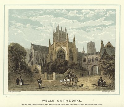 Cathédrale de Wells, vue de la salle capitulaire et de la porte est, avec la galerie menant à Vicar