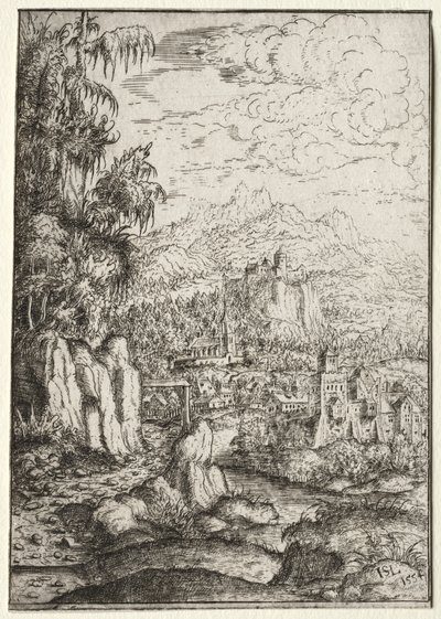 Paysage avec une route vers un château sur une île dans une rivière - Hanns Lautensack