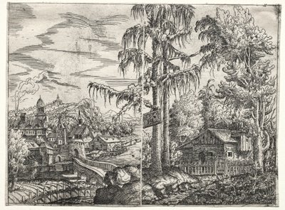 Paysage avec la ville sur une rivière et le cottage entre les arbres - Hanns Lautensack