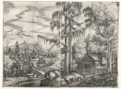 Paysage avec la ville sur une rivière et la chaumière entre les arbres, 1551 - Hanns Sebald Lautensack