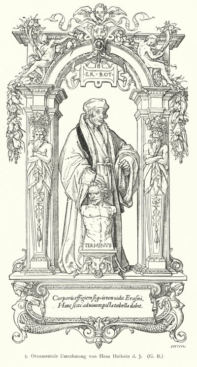 Portrait du savant humaniste de la Renaissance néerlandaise Desiderius Erasmus avec cadre ornemental - Hans (after) Holbein the Younger