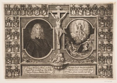 Gregers Friis à Ålstrup ainsi que le Christ en croix et la résurrection du Christ. Entouré de blasons - Hans Andreas Greys