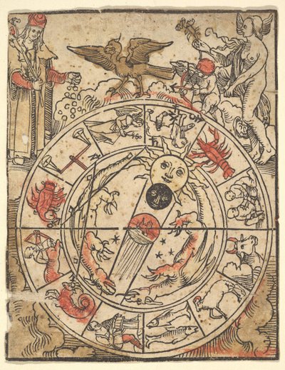Carte des signes du zodiaque avec Vénus, Cupidon et un saint évêque - Hans Baldung