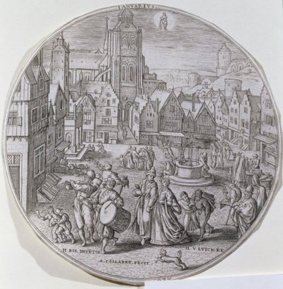 Janvier, montrant des bourgeois célébrant la Nuit des Rois sur la place du marché de Bergen, d
