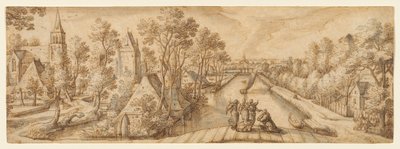 Vue de Delfgauw, avec Abraham et les trois anges - Hans Bol