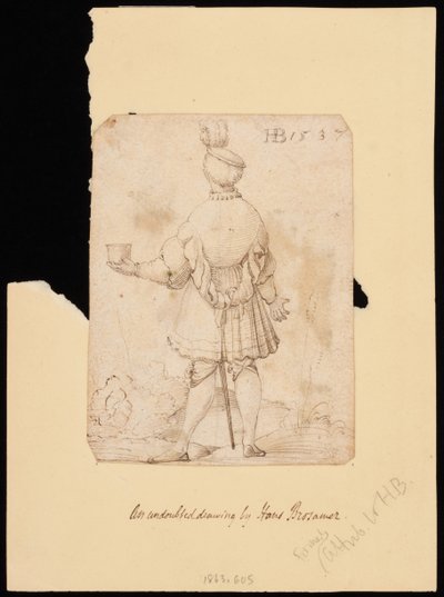 Homme avec un chapeau à plumes vu de dos, tenant une coupe dans sa main gauche - Hans Brosamer