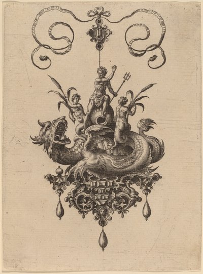 Conception pour un pendentif avec un monstre marin portant Neptune flanqué de deux Néréides - Hans Collaert the Elder