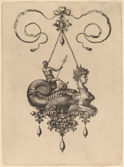 Conception pour un pendentif avec un sphinx au corps de poisson portant un homme avec une rame - Hans Collaert the Elder