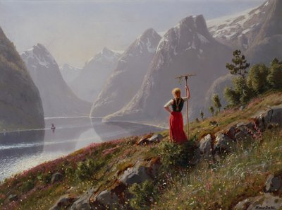 Fille avec un râteau dans un paysage de fjord - Hans Dahl