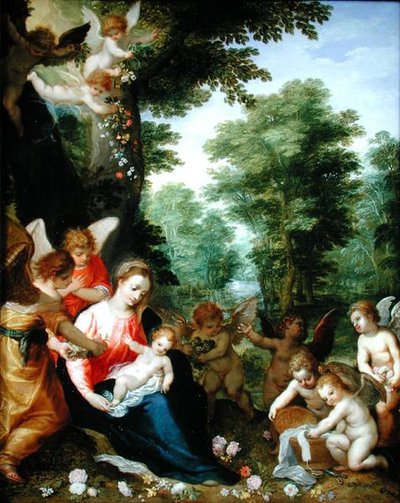 Madone et enfant avec des anges dans un paysage - Hans I or Johann Rottenhammer