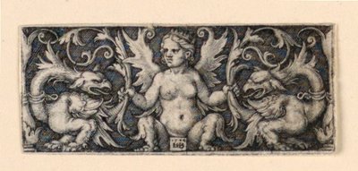 Frise avec figure féminine ailée et deux coqs grotesques - Hans Sebald Beham