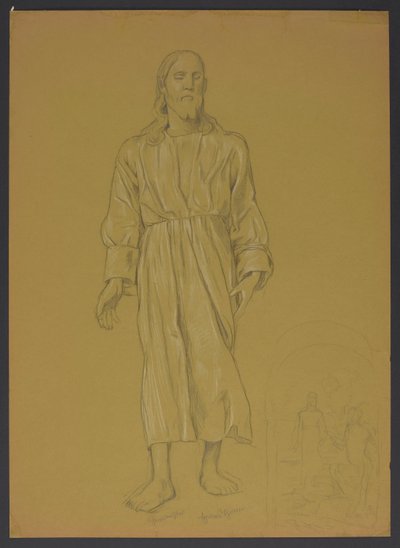 Studie der Gestalt Christi, daneben, unten, Skizze zum Gemälde "Taufe Christi" - Hans Thoma