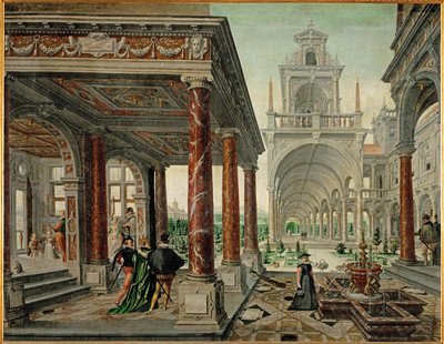 Architecture de palais avec compagnie élégante (huile sur toile) - Hans or Jan Vredeman de Vries