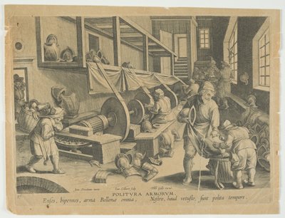 Politura Armorum, Polissage des armes, planche 17 de la série Nova Reperta, Découvertes modernes, vers 1588 - Hans the younger Collaert