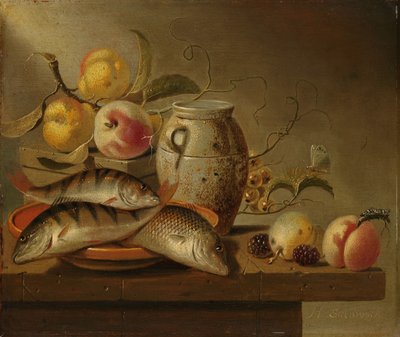 Nature morte avec pot en terre, poisson et fruits - Harmen Steenwijck