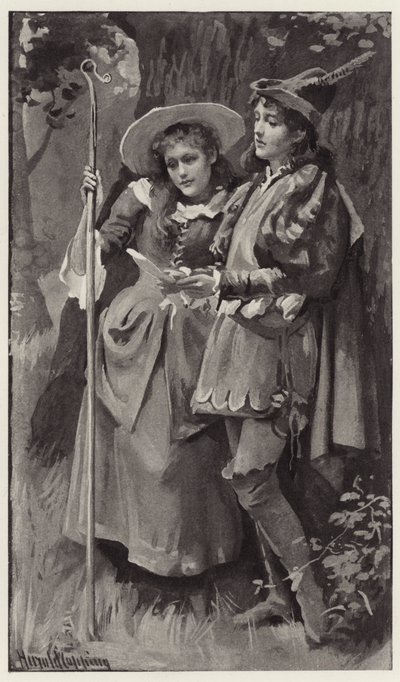 Ganimède et Aliena furent étrangement surpris de trouver le nom de Rosalinde gravé sur les arbres - Harold Copping