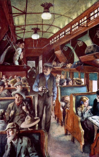 Immigrants voyageant à travers le Canada dans une voiture de colon du CPR - Harold Copping