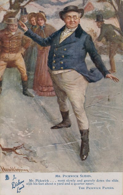 M. Pickwick glissant sur la glace, scène du roman de Charles Dickens Les Papiers posthumes du Pickwick Club (lithographie en couleur) - Harold Copping