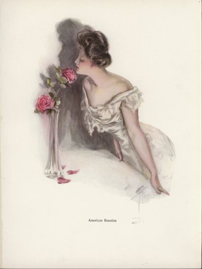 Femme américaine sentant des roses roses dans un vase - Harrison Fisher